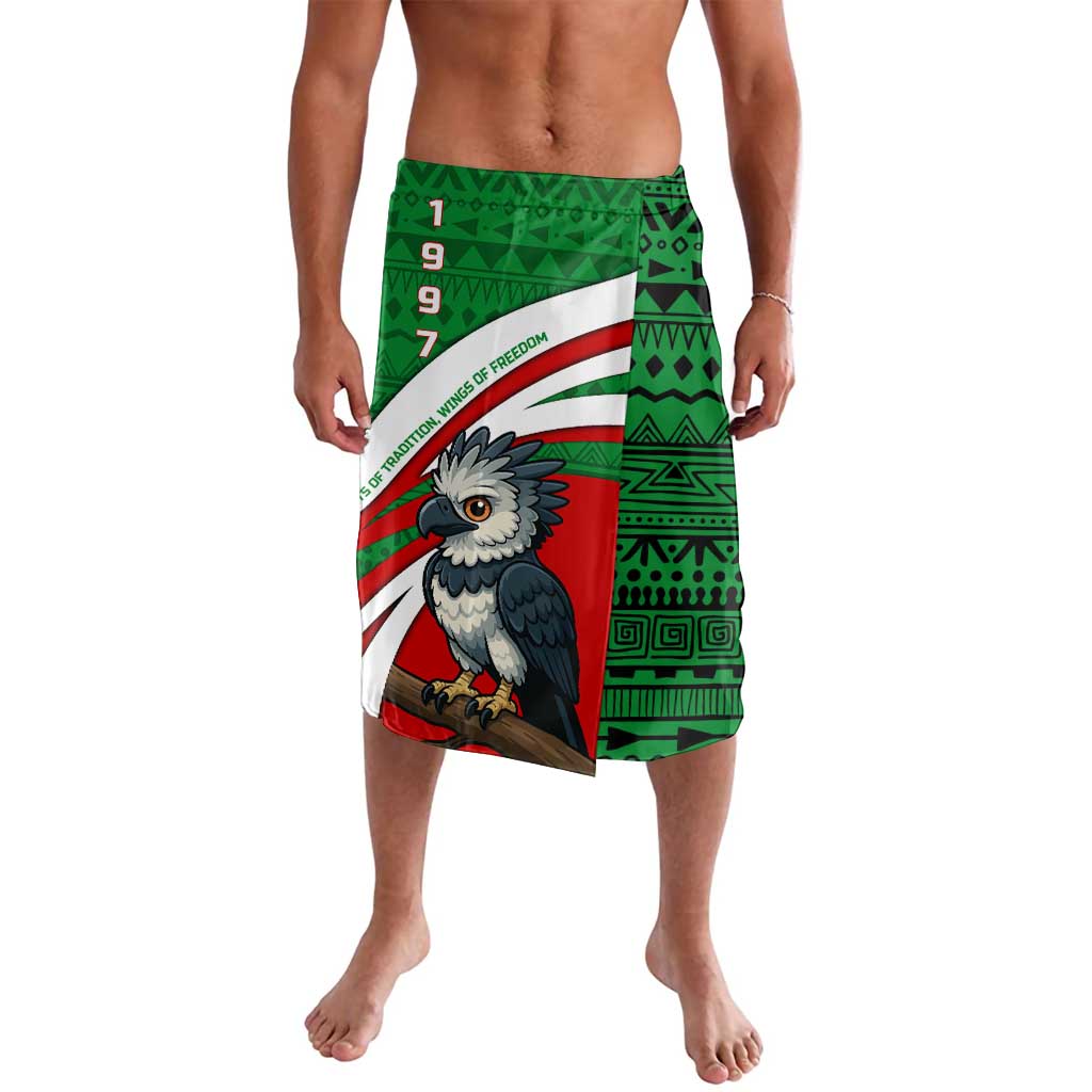 Indigenous Regions of Panama Ngabe-Bugle Lavalava with Harpy Eagle Graphic and Green Red Tribal Pattern 1997 - Wonder Print Shop