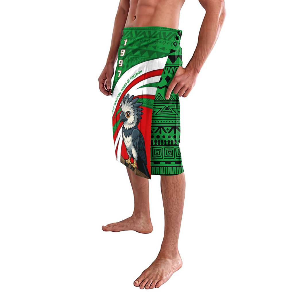 Indigenous Regions of Panama Ngabe-Bugle Lavalava with Harpy Eagle Graphic and Green Red Tribal Pattern 1997 - Wonder Print Shop