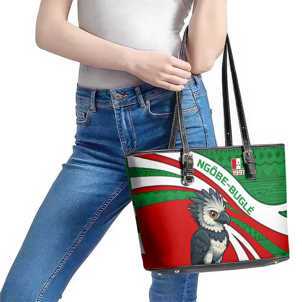 Indigenous Regions of Panama Ngabe-Bugle Leather Tote Bag with Harpy Eagle Graphic and Green Red Tribal Pattern 1997 - Wonder Print Shop