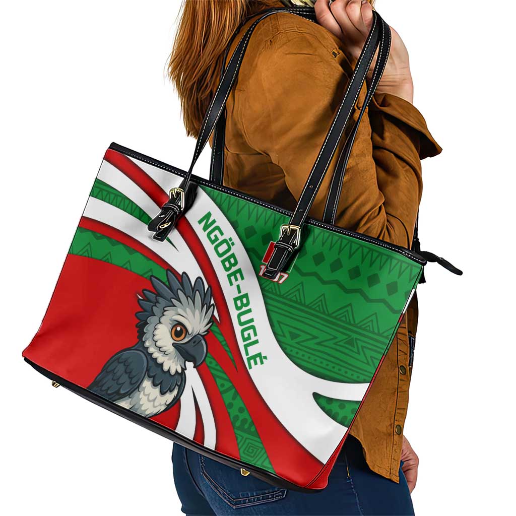 Indigenous Regions of Panama Ngabe-Bugle Leather Tote Bag with Harpy Eagle Graphic and Green Red Tribal Pattern 1997 - Wonder Print Shop