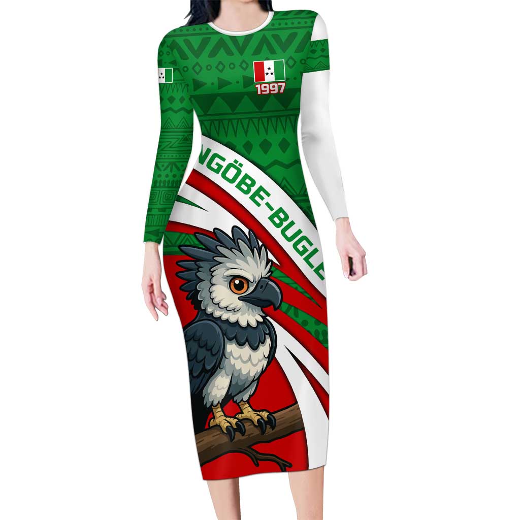 Indigenous Regions of Panama Ngabe-Bugle Long Sleeve Bodycon Dress with Harpy Eagle Graphic and Green Red Tribal Pattern 1997 - Wonder Print Shop