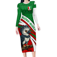 Indigenous Regions of Panama Ngabe-Bugle Long Sleeve Bodycon Dress with Harpy Eagle Graphic and Green Red Tribal Pattern 1997 - Wonder Print Shop
