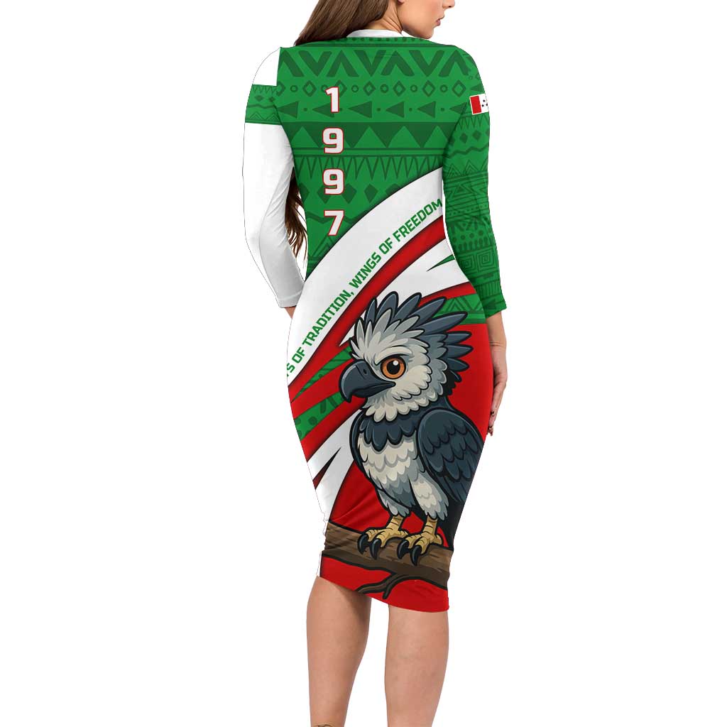 Indigenous Regions of Panama Ngabe-Bugle Long Sleeve Bodycon Dress with Harpy Eagle Graphic and Green Red Tribal Pattern 1997 - Wonder Print Shop