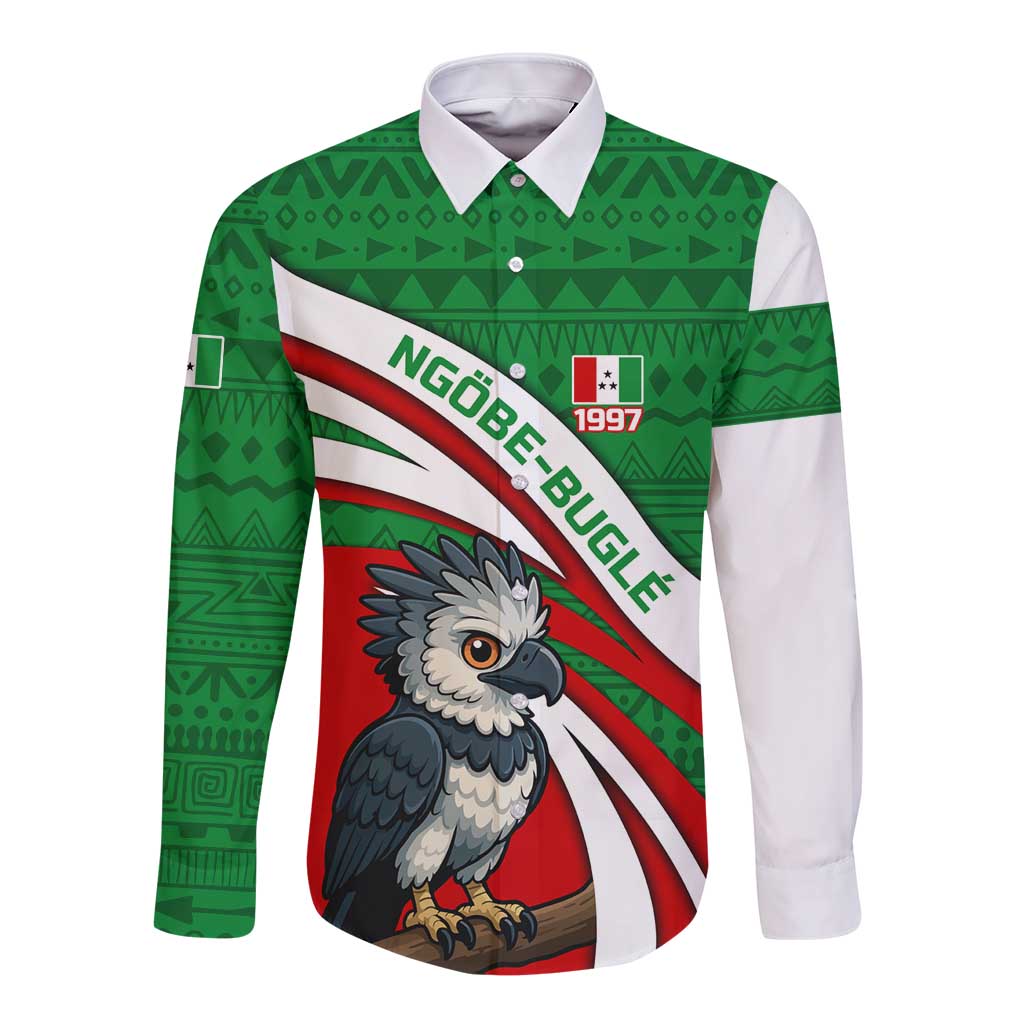 Indigenous Regions of Panama Ngabe-Bugle Long Sleeve Button Shirt with Harpy Eagle Graphic and Green Red Tribal Pattern 1997 - Wonder Print Shop