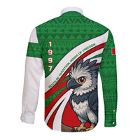 Indigenous Regions of Panama Ngabe-Bugle Long Sleeve Button Shirt with Harpy Eagle Graphic and Green Red Tribal Pattern 1997 - Wonder Print Shop