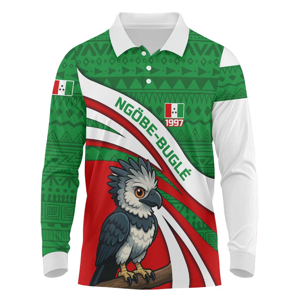 Indigenous Regions of Panama Ngabe-Bugle Long Sleeve Polo Shirt with Harpy Eagle Graphic and Green Red Tribal Pattern 1997 - Wonder Print Shop