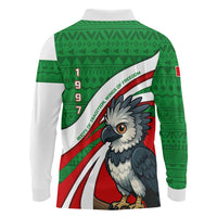 Indigenous Regions of Panama Ngabe-Bugle Long Sleeve Polo Shirt with Harpy Eagle Graphic and Green Red Tribal Pattern 1997 - Wonder Print Shop