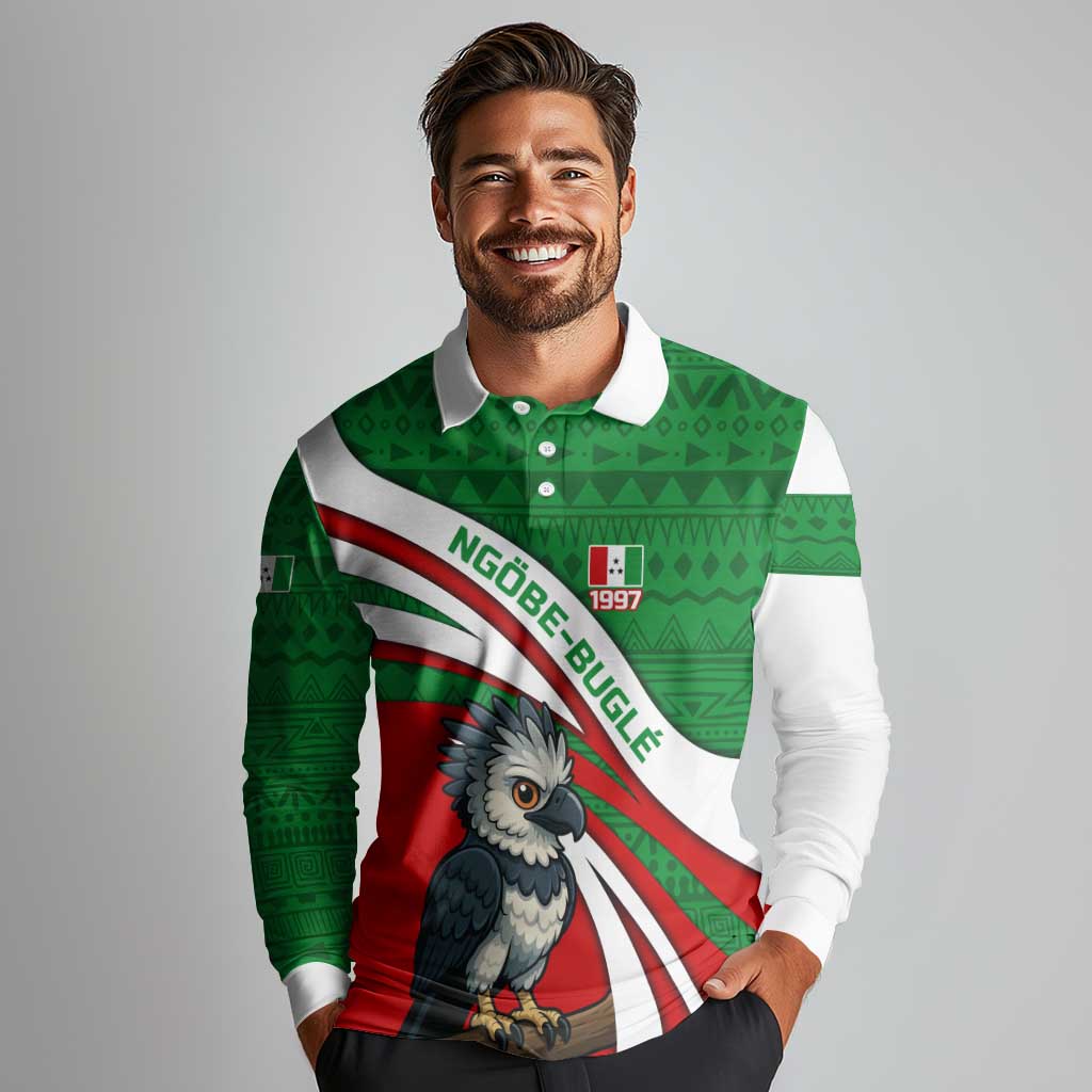 Indigenous Regions of Panama Ngabe-Bugle Long Sleeve Polo Shirt with Harpy Eagle Graphic and Green Red Tribal Pattern 1997 - Wonder Print Shop