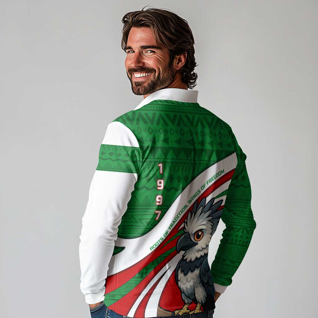Indigenous Regions of Panama Ngabe-Bugle Long Sleeve Polo Shirt with Harpy Eagle Graphic and Green Red Tribal Pattern 1997 - Wonder Print Shop