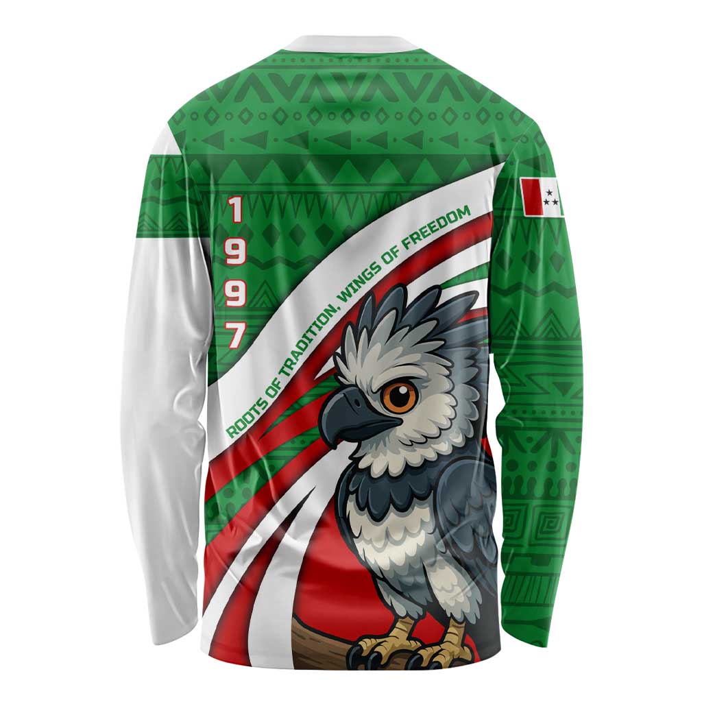 Indigenous Regions of Panama Ngabe-Bugle Long Sleeve Shirt with Harpy Eagle Graphic and Green Red Tribal Pattern 1997 - Wonder Print Shop