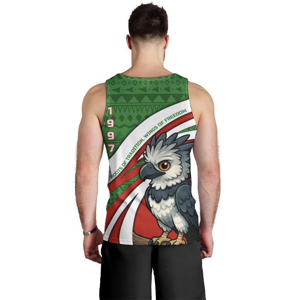 Indigenous Regions of Panama Ngabe-Bugle Men Tank Top with Harpy Eagle Graphic and Green Red Tribal Pattern 1997 - Wonder Print Shop
