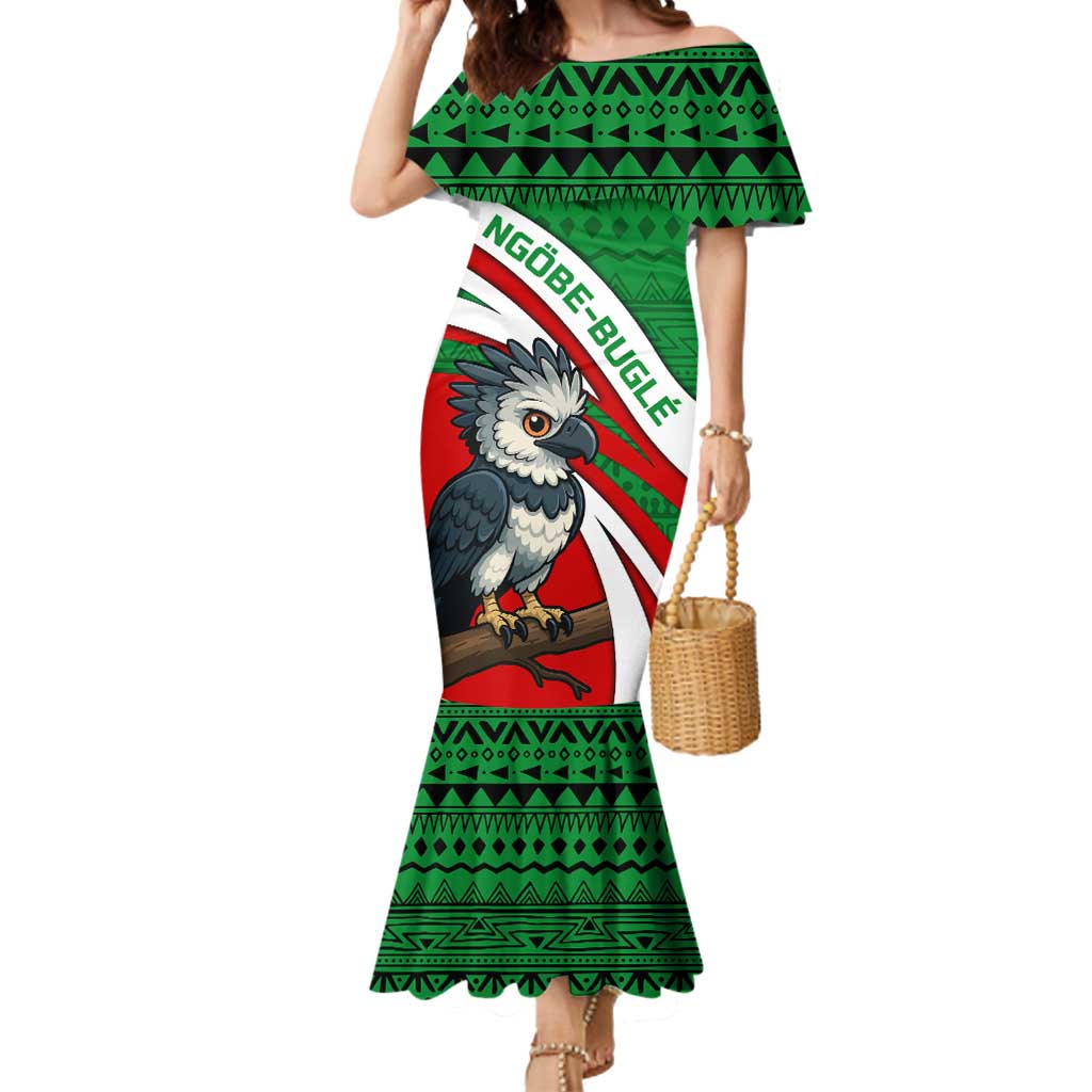 Indigenous Regions of Panama Ngabe-Bugle Mermaid Dress with Harpy Eagle Graphic and Green Red Tribal Pattern 1997 - Wonder Print Shop
