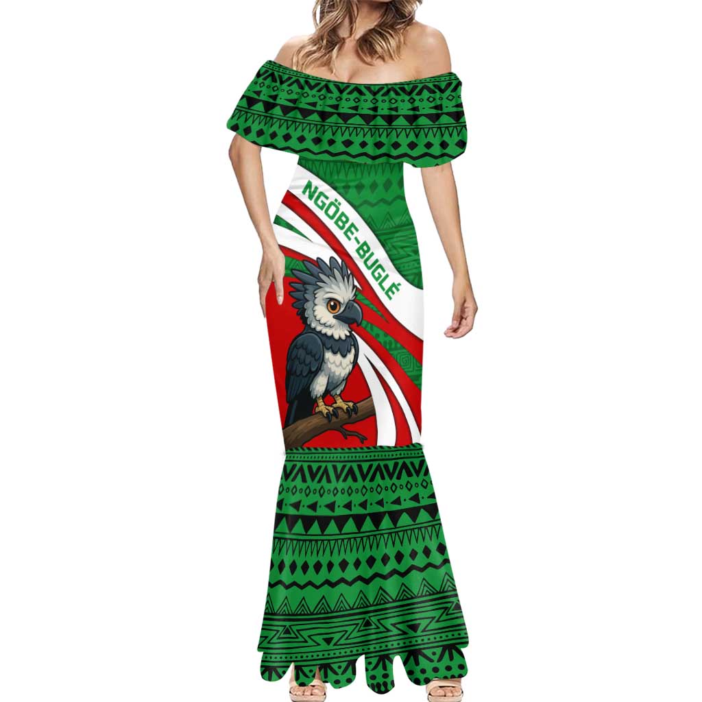 Indigenous Regions of Panama Ngabe-Bugle Mermaid Dress with Harpy Eagle Graphic and Green Red Tribal Pattern 1997 - Wonder Print Shop