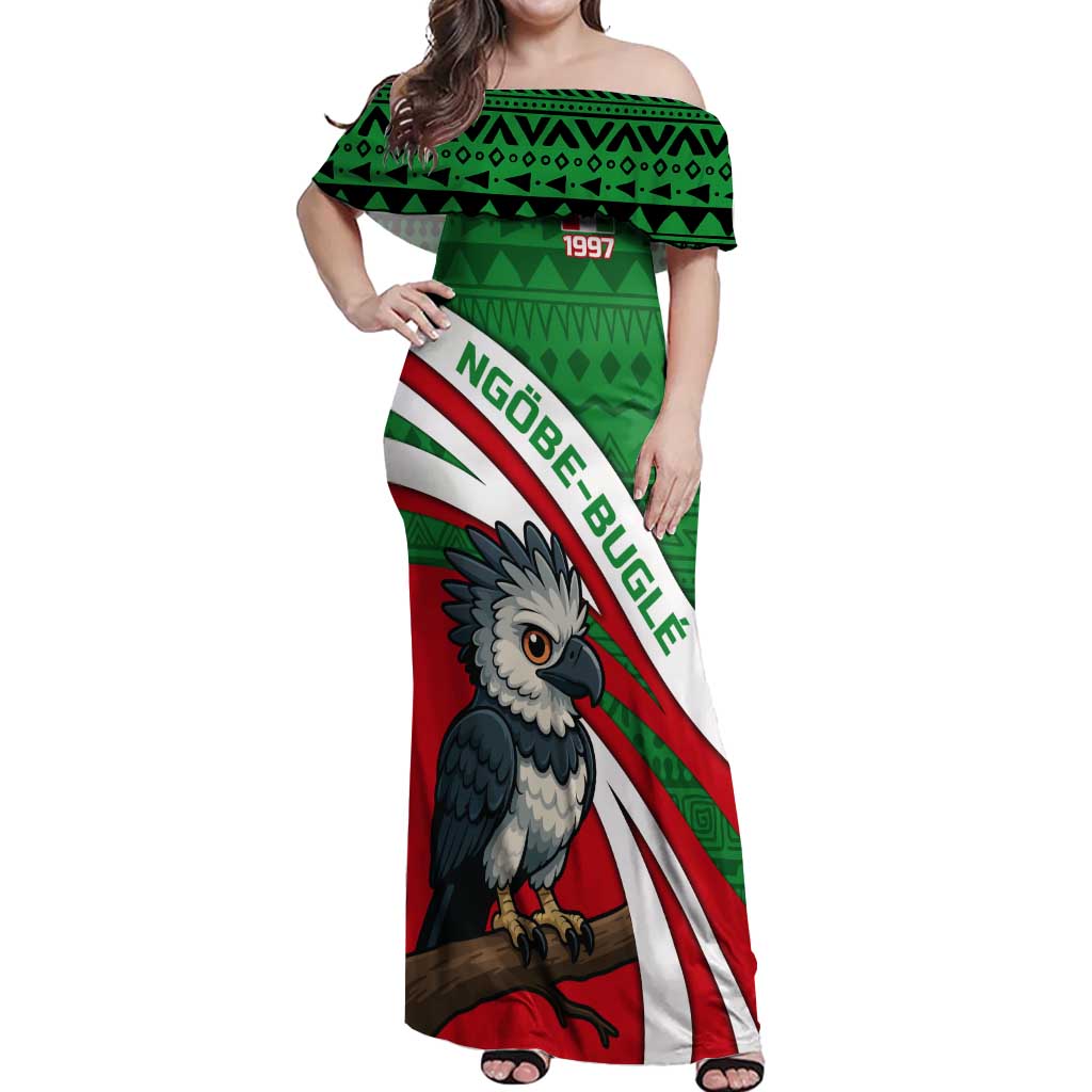 Indigenous Regions of Panama Ngabe-Bugle Off Shoulder Maxi Dress with Harpy Eagle Graphic and Green Red Tribal Pattern 1997 - Wonder Print Shop