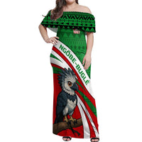 Indigenous Regions of Panama Ngabe-Bugle Off Shoulder Maxi Dress with Harpy Eagle Graphic and Green Red Tribal Pattern 1997 - Wonder Print Shop