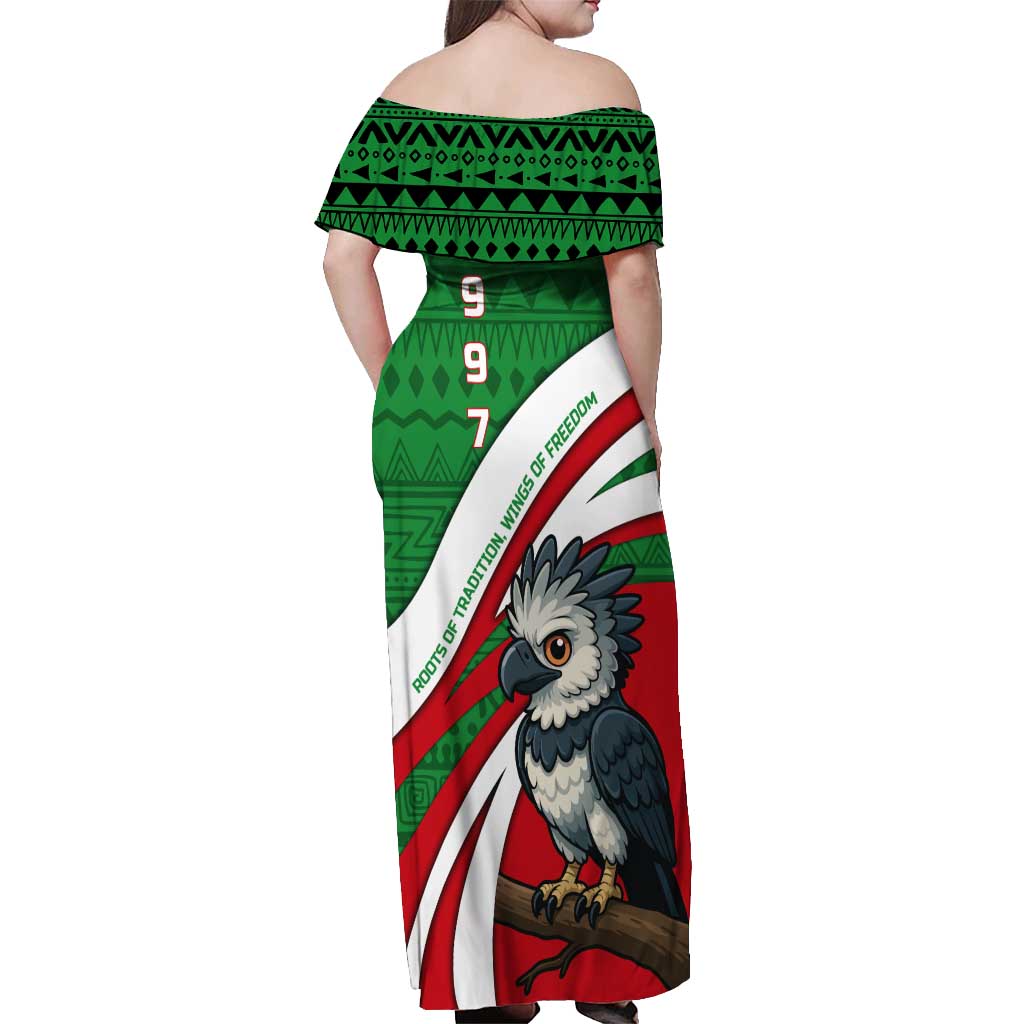Indigenous Regions of Panama Ngabe-Bugle Off Shoulder Maxi Dress with Harpy Eagle Graphic and Green Red Tribal Pattern 1997 - Wonder Print Shop