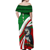 Indigenous Regions of Panama Ngabe-Bugle Off Shoulder Maxi Dress with Harpy Eagle Graphic and Green Red Tribal Pattern 1997 - Wonder Print Shop
