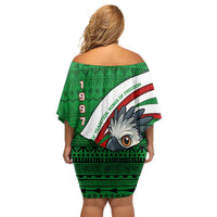 Indigenous Regions of Panama Ngabe-Bugle Off Shoulder Short Dress with Harpy Eagle Graphic and Green Red Tribal Pattern 1997 - Wonder Print Shop