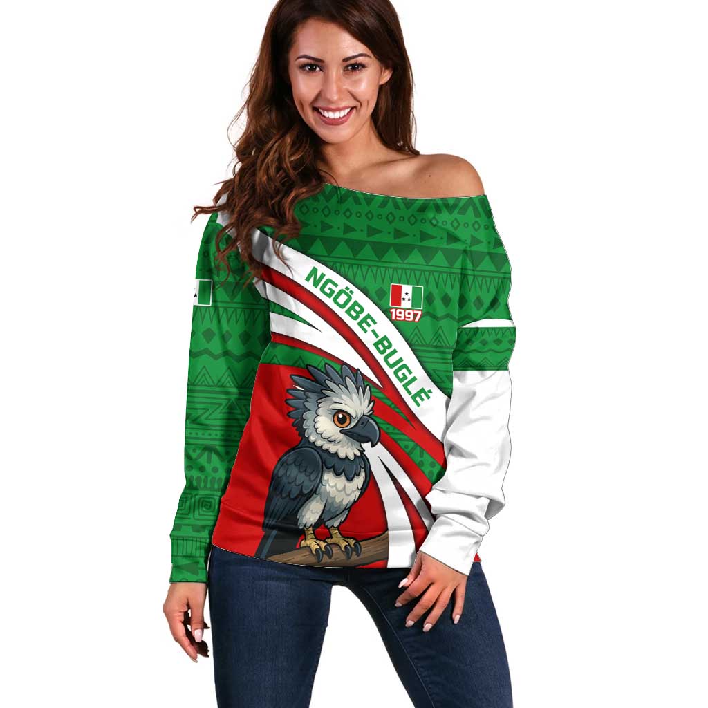 Indigenous Regions of Panama Ngabe-Bugle Off Shoulder Sweater with Harpy Eagle Graphic and Green Red Tribal Pattern 1997 - Wonder Print Shop