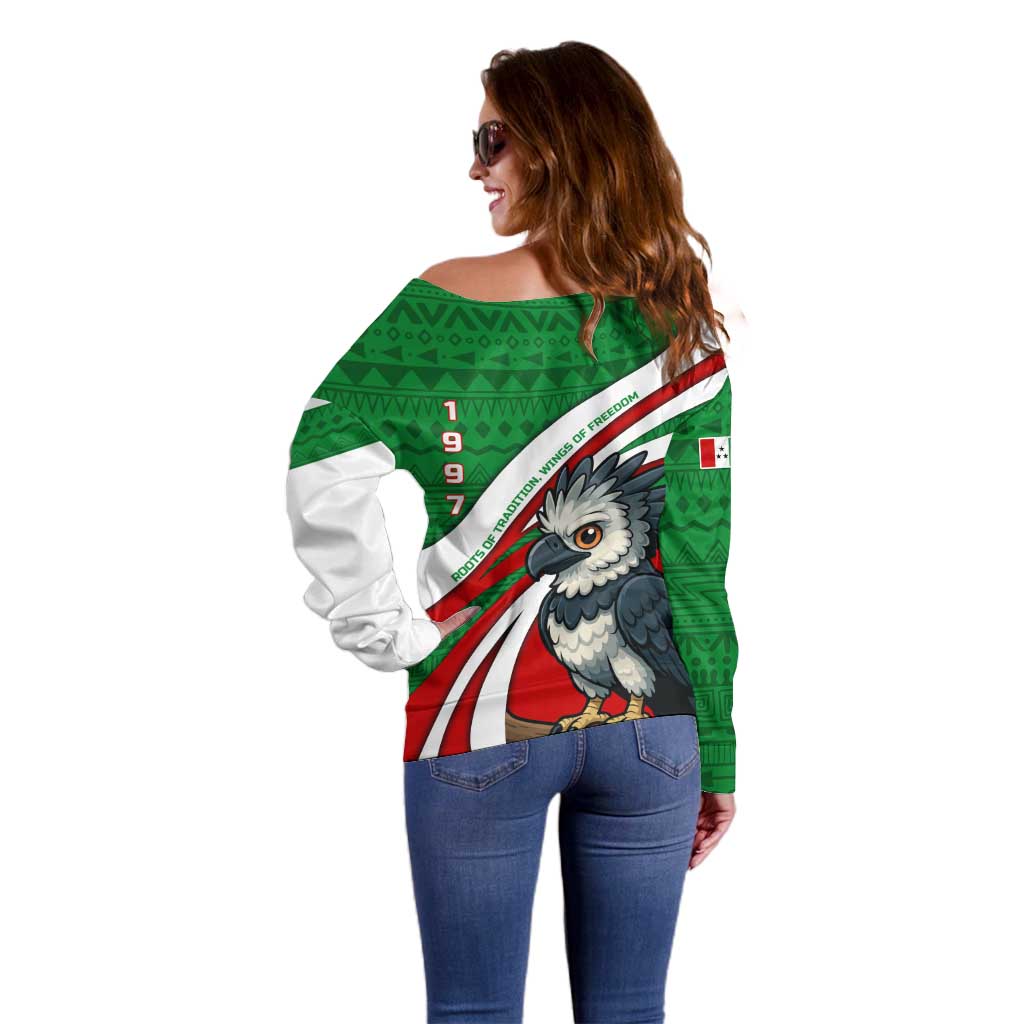 Indigenous Regions of Panama Ngabe-Bugle Off Shoulder Sweater with Harpy Eagle Graphic and Green Red Tribal Pattern 1997 - Wonder Print Shop
