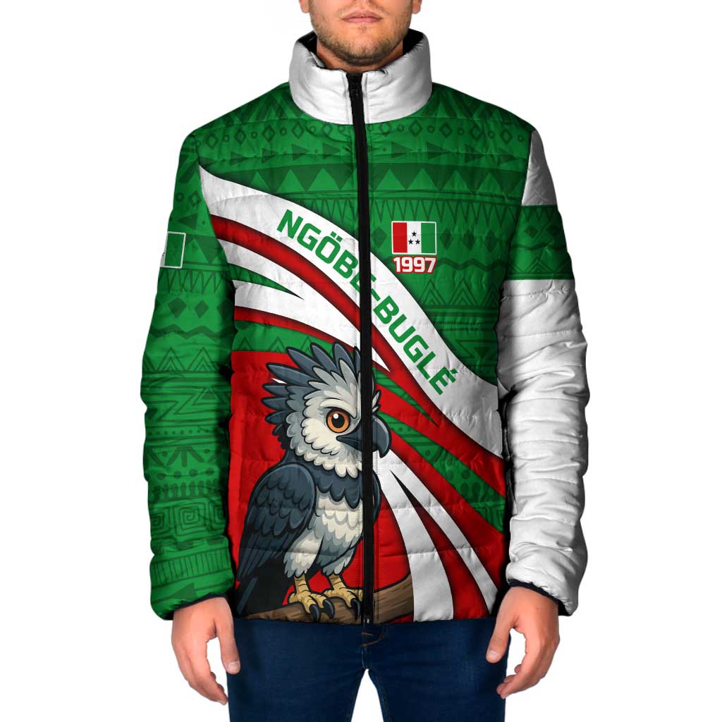 Indigenous Regions of Panama Ngabe-Bugle Padded Jacket with Harpy Eagle Graphic and Green Red Tribal Pattern 1997 - Wonder Print Shop