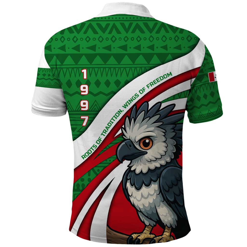 Indigenous Regions of Panama Ngabe-Bugle Polo Shirt with Harpy Eagle Graphic and Green Red Tribal Pattern 1997 - Wonder Print Shop