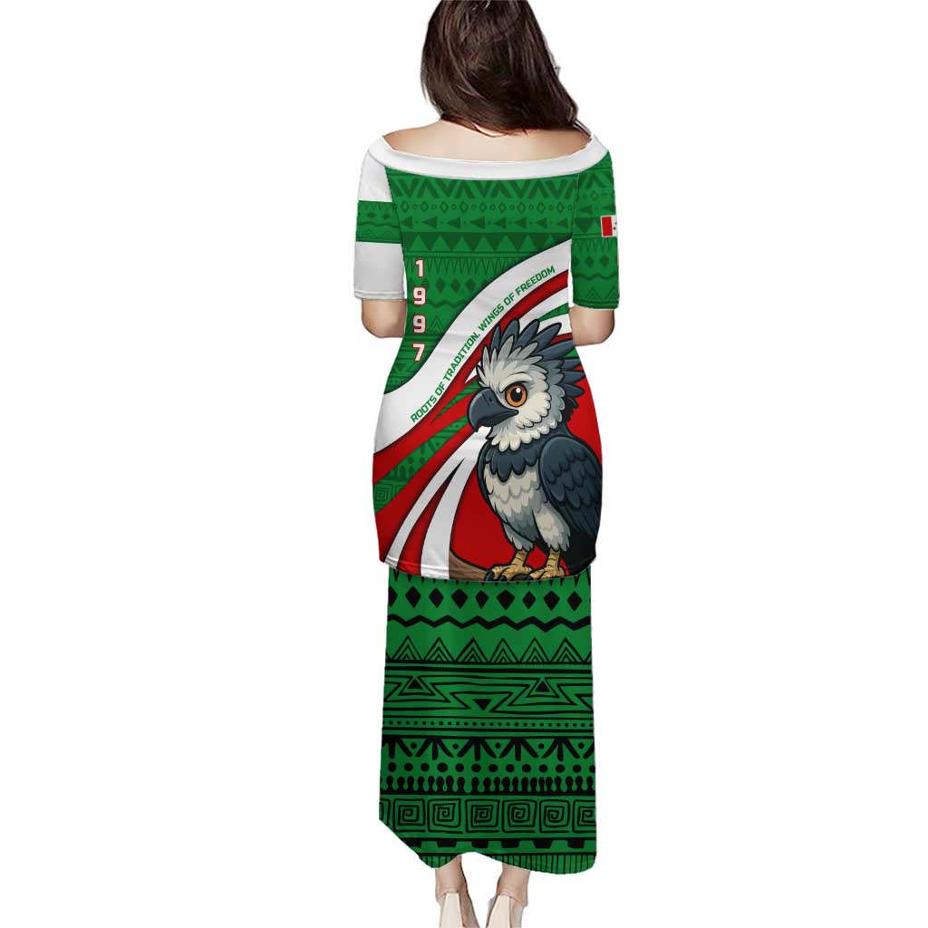 Indigenous Regions of Panama Ngabe-Bugle Puletasi with Harpy Eagle Graphic and Green Red Tribal Pattern 1997 - Wonder Print Shop