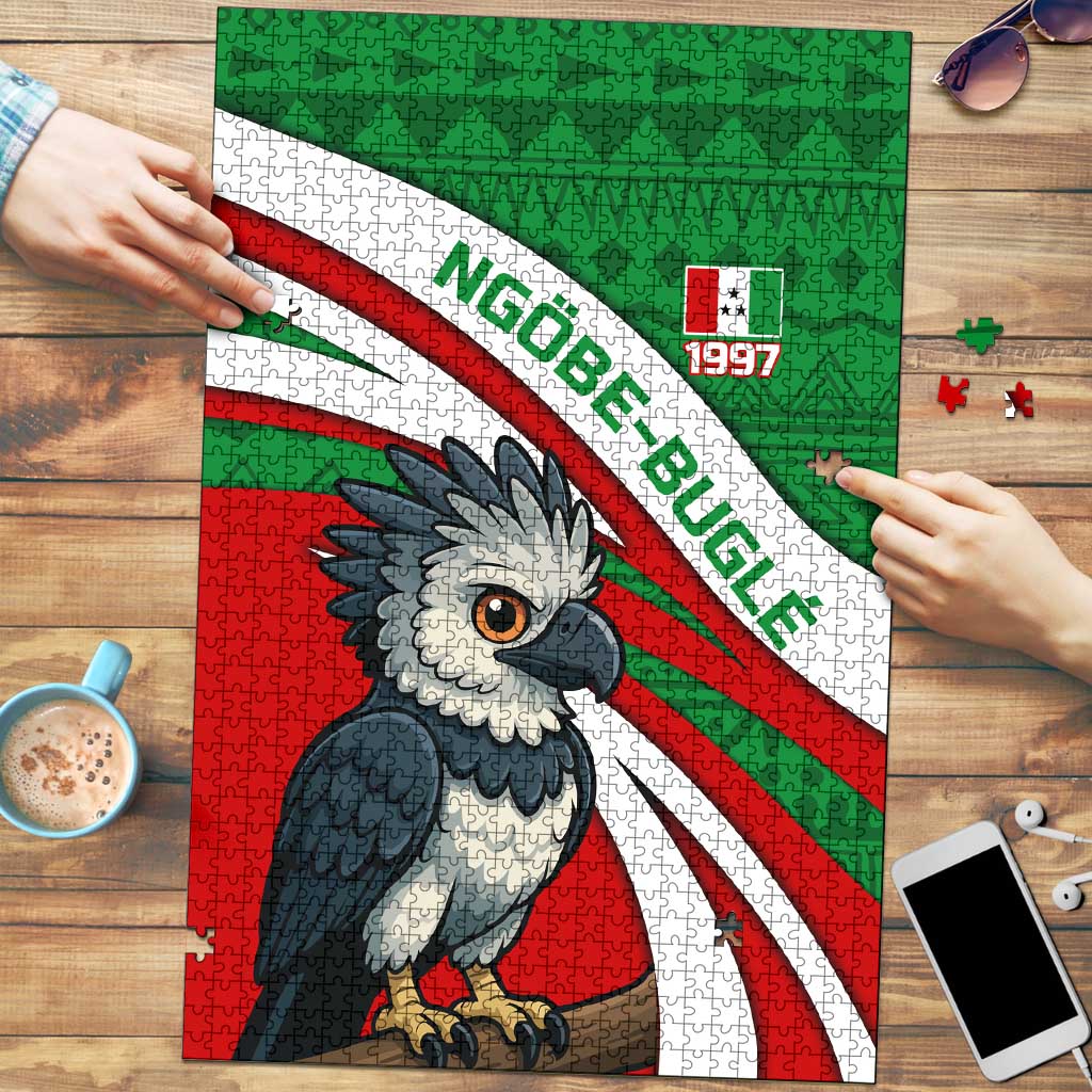 Indigenous Regions of Panama Ngabe-Bugle Puzzle with Harpy Eagle Graphic and Green Red Tribal Pattern 1997 - Wonder Print Shop