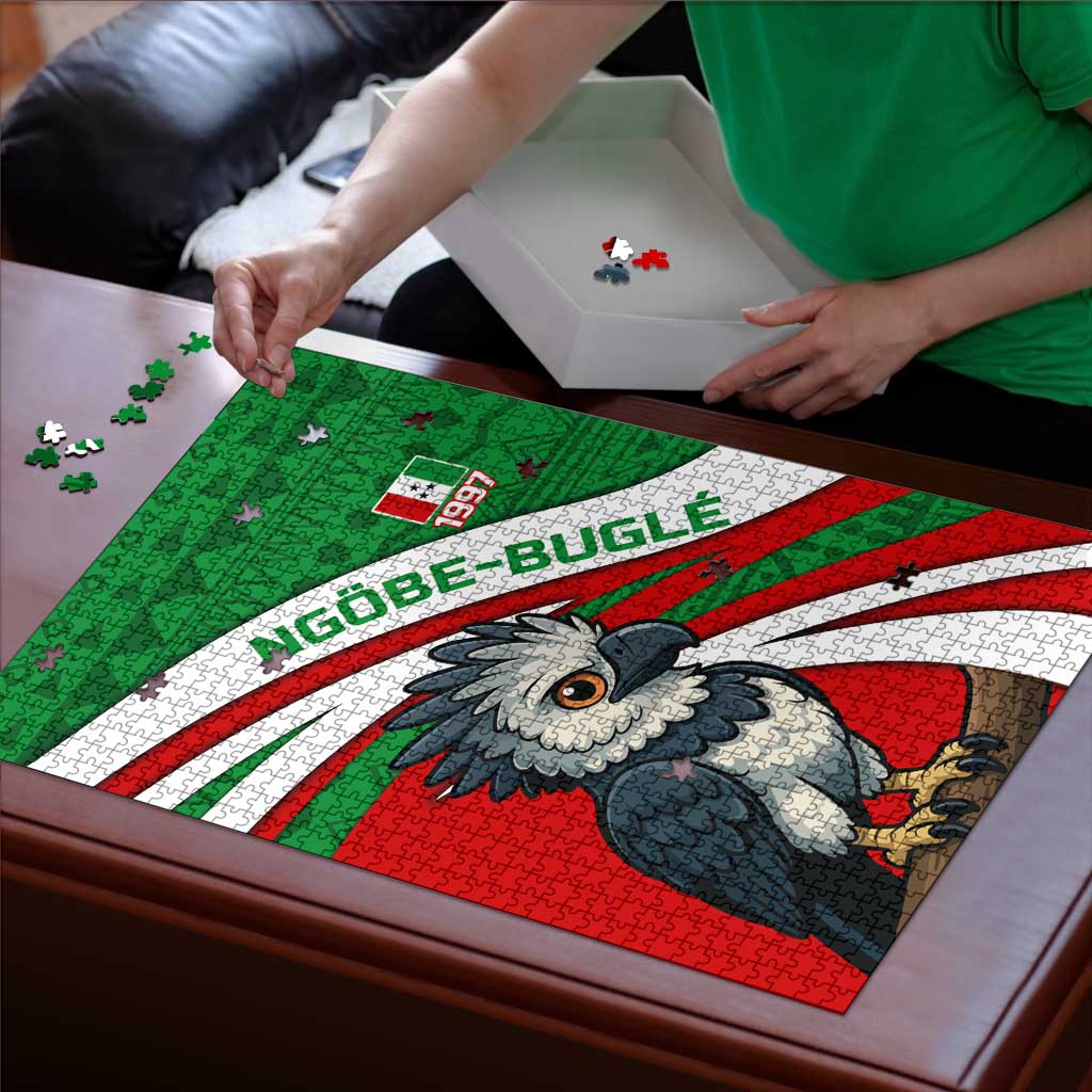 Indigenous Regions of Panama Ngabe-Bugle Puzzle with Harpy Eagle Graphic and Green Red Tribal Pattern 1997 - Wonder Print Shop