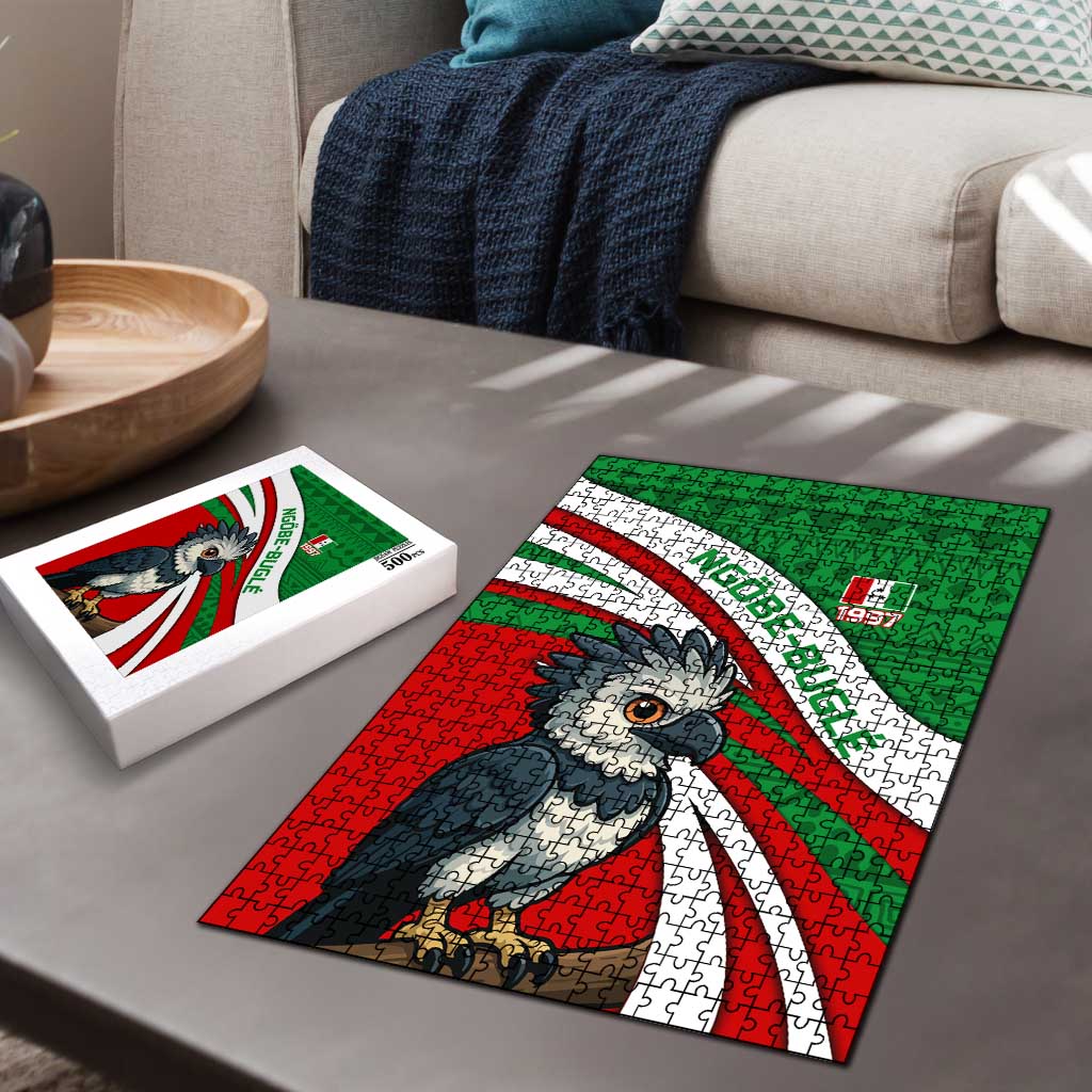 Indigenous Regions of Panama Ngabe-Bugle Puzzle with Harpy Eagle Graphic and Green Red Tribal Pattern 1997 - Wonder Print Shop