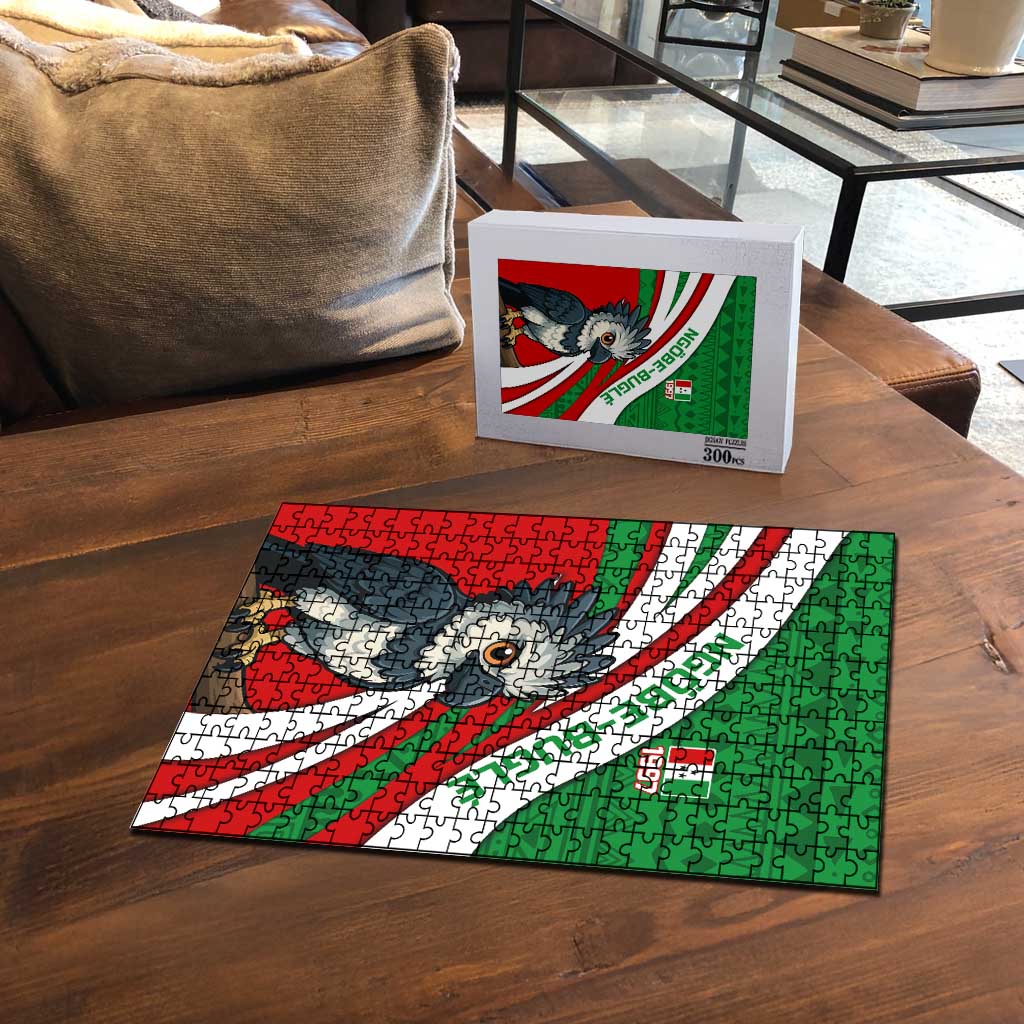 Indigenous Regions of Panama Ngabe-Bugle Puzzle with Harpy Eagle Graphic and Green Red Tribal Pattern 1997 - Wonder Print Shop