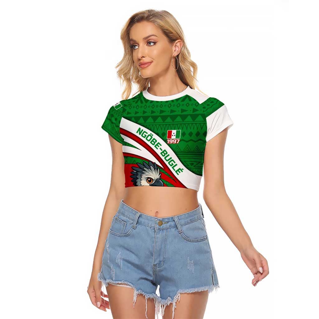 Indigenous Regions of Panama Ngabe-Bugle Raglan Cropped T Shirt with Harpy Eagle Graphic and Green Red Tribal Pattern 1997 - Wonder Print Shop