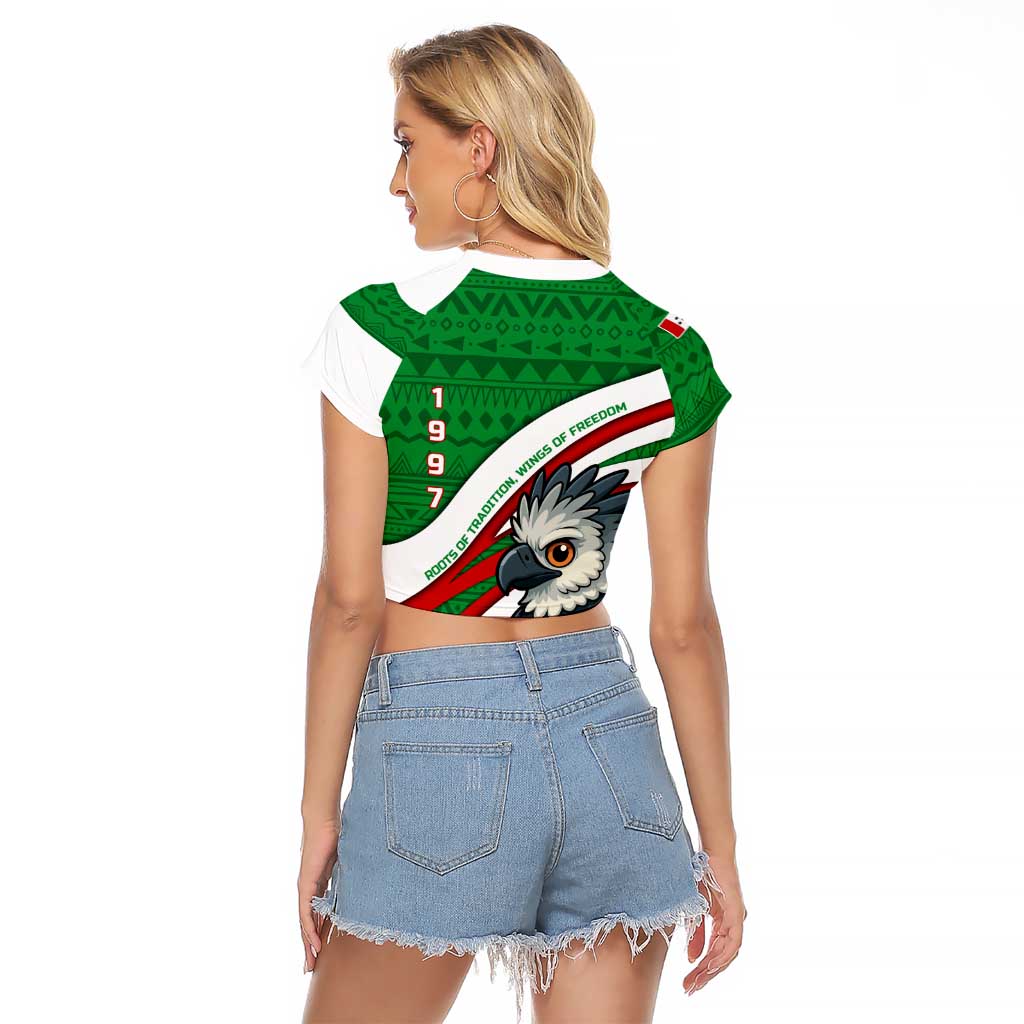 Indigenous Regions of Panama Ngabe-Bugle Raglan Cropped T Shirt with Harpy Eagle Graphic and Green Red Tribal Pattern 1997 - Wonder Print Shop