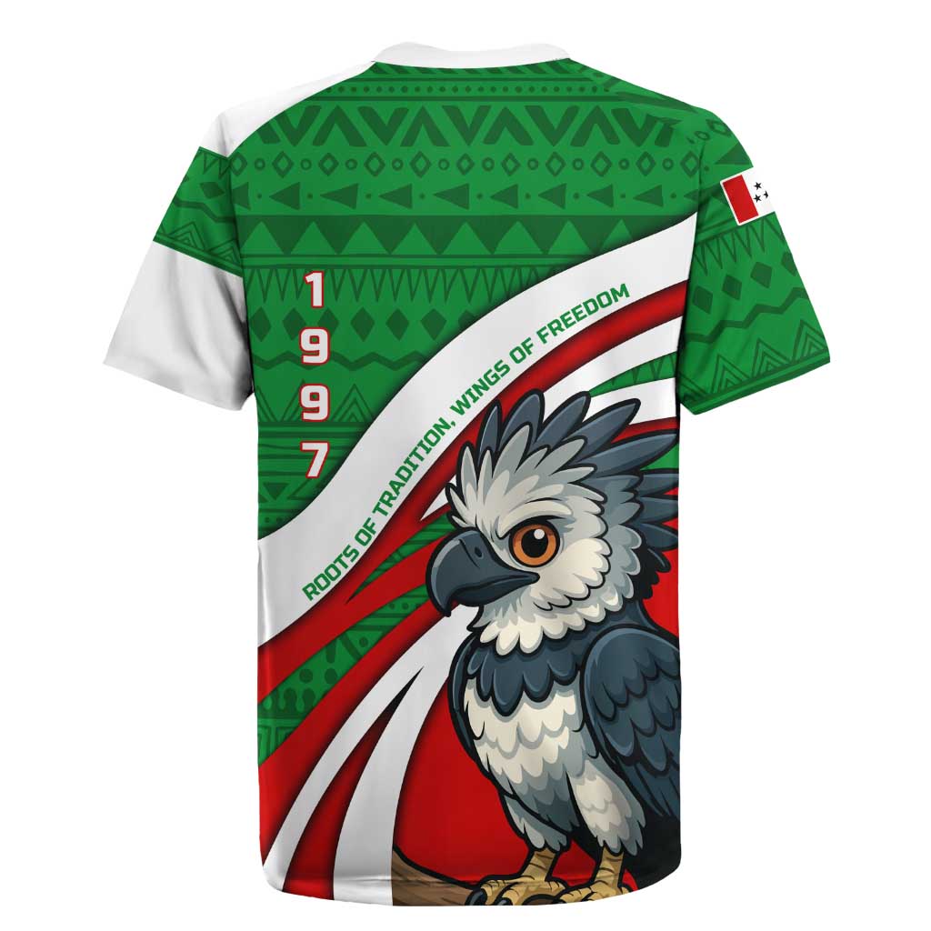 Indigenous Regions of Panama Ngabe-Bugle Rugby Jersey with Harpy Eagle Graphic and Green Red Tribal Pattern 1997 - Wonder Print Shop