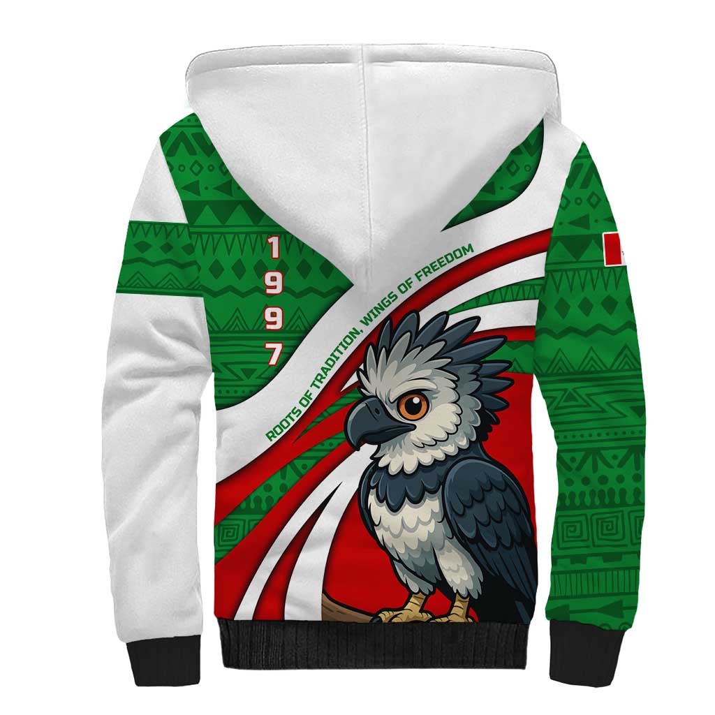 Indigenous Regions of Panama Ngabe-Bugle Sherpa Hoodie with Harpy Eagle Graphic and Green Red Tribal Pattern 1997 - Wonder Print Shop