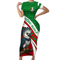 Indigenous Regions of Panama Ngabe-Bugle Short Sleeve Bodycon Dress with Harpy Eagle Graphic and Green Red Tribal Pattern 1997 - Wonder Print Shop