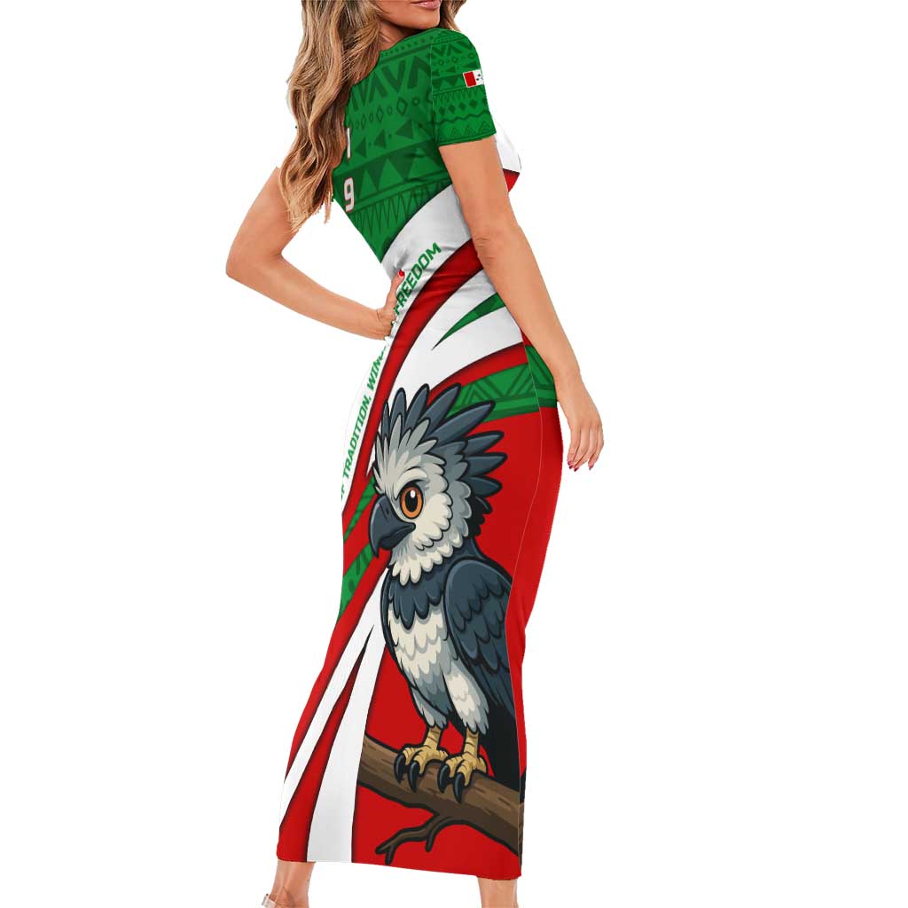 Indigenous Regions of Panama Ngabe-Bugle Short Sleeve Bodycon Dress with Harpy Eagle Graphic and Green Red Tribal Pattern 1997 - Wonder Print Shop