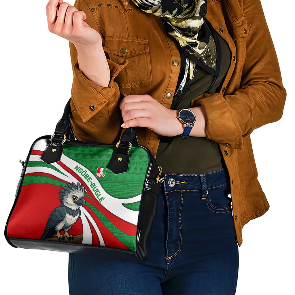 Indigenous Regions of Panama Ngabe-Bugle Shoulder Handbag with Harpy Eagle Graphic and Green Red Tribal Pattern 1997 - Wonder Print Shop