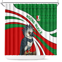 Indigenous Regions of Panama Ngabe-Bugle Shower Curtain with Harpy Eagle Graphic and Green Red Tribal Pattern 1997 - Wonder Print Shop
