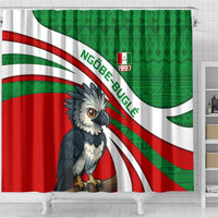 Indigenous Regions of Panama Ngabe-Bugle Shower Curtain with Harpy Eagle Graphic and Green Red Tribal Pattern 1997 - Wonder Print Shop