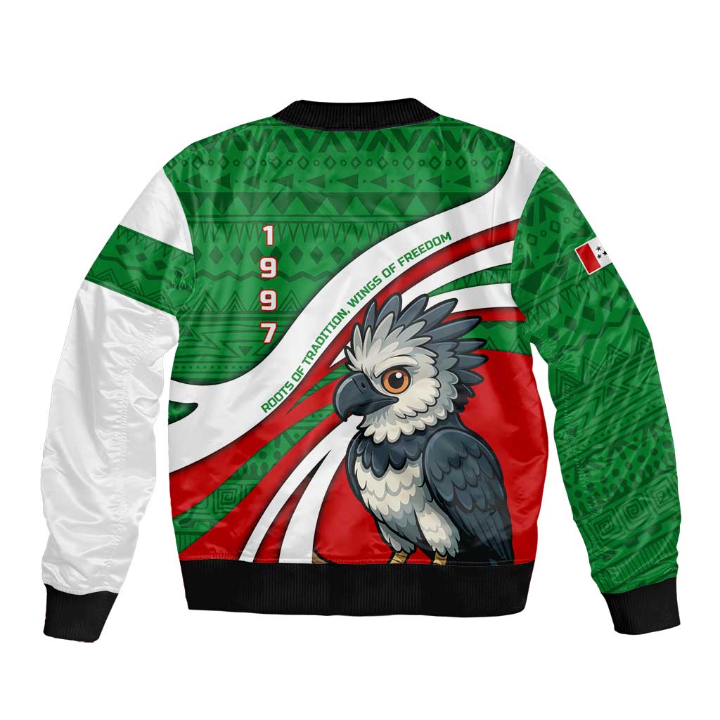 Indigenous Regions of Panama Ngabe-Bugle Sleeve Zip Bomber Jacket with Harpy Eagle Graphic and Green Red Tribal Pattern 1997 - Wonder Print Shop