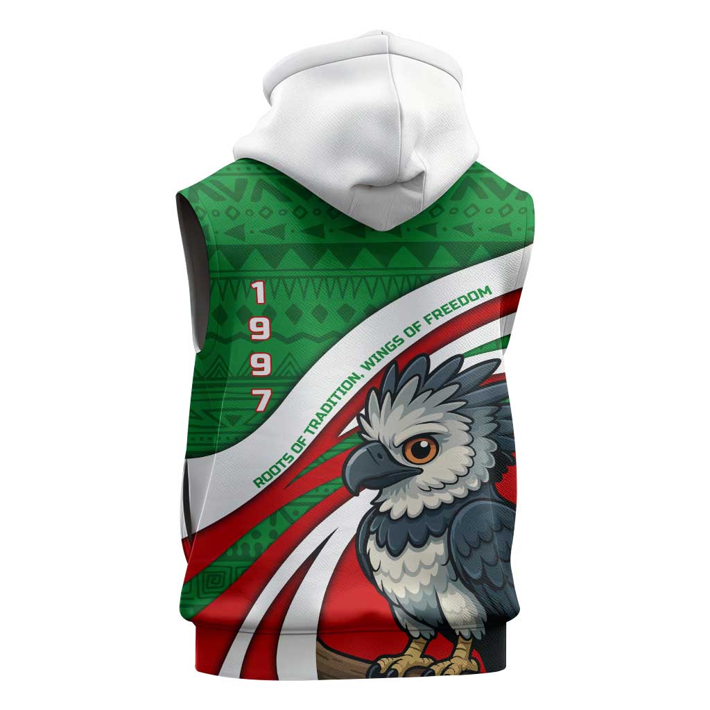 Indigenous Regions of Panama Ngabe-Bugle Sleeveless Hoodie with Harpy Eagle Graphic and Green Red Tribal Pattern 1997 - Wonder Print Shop
