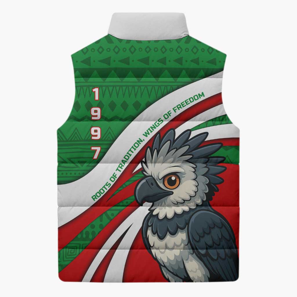 Indigenous Regions of Panama Ngabe-Bugle Sleeveless Puffer Jacket with Harpy Eagle Graphic and Green Red Tribal Pattern 1997 - Wonder Print Shop