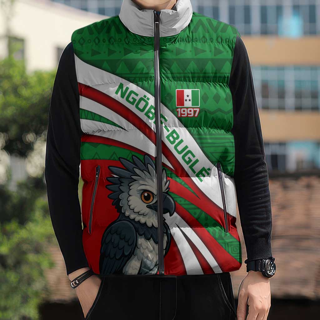 Indigenous Regions of Panama Ngabe-Bugle Sleeveless Puffer Jacket with Harpy Eagle Graphic and Green Red Tribal Pattern 1997 - Wonder Print Shop