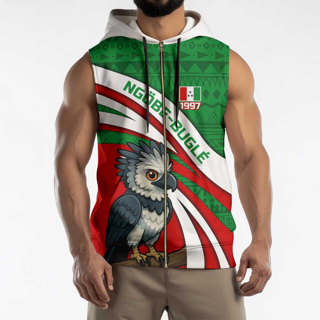 Indigenous Regions of Panama Ngabe-Bugle Sleeveless Zip Hoodie with Harpy Eagle Graphic and Green Red Tribal Pattern 1997 - Wonder Print Shop