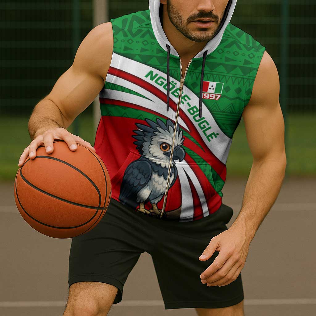 Indigenous Regions of Panama Ngabe-Bugle Sleeveless Zip Hoodie with Harpy Eagle Graphic and Green Red Tribal Pattern 1997 - Wonder Print Shop