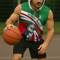 Indigenous Regions of Panama Ngabe-Bugle Sleeveless Zip Hoodie with Harpy Eagle Graphic and Green Red Tribal Pattern 1997 - Wonder Print Shop