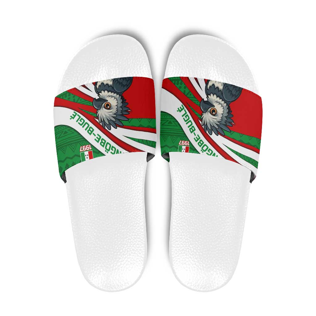 Indigenous Regions of Panama Ngabe-Bugle Slide Sandals with Harpy Eagle Graphic and Green Red Tribal Pattern 1997 - Wonder Print Shop