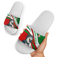 Indigenous Regions of Panama Ngabe-Bugle Slide Sandals with Harpy Eagle Graphic and Green Red Tribal Pattern 1997 - Wonder Print Shop