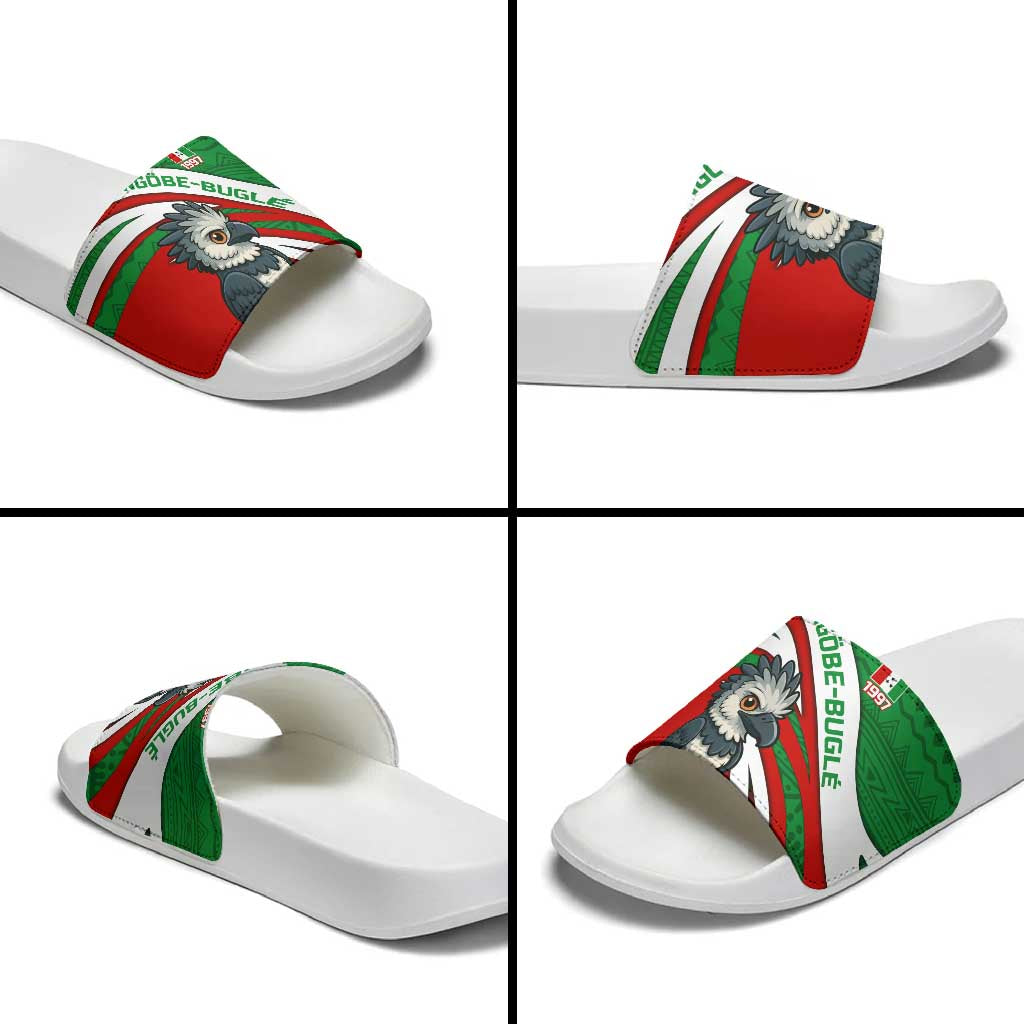 Indigenous Regions of Panama Ngabe-Bugle Slide Sandals with Harpy Eagle Graphic and Green Red Tribal Pattern 1997 - Wonder Print Shop